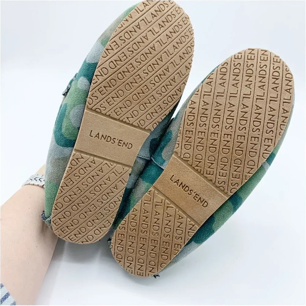 Lands' End Green Camo Print Moccasin‎ Slippers Faux Fur Lining Kids Size 1